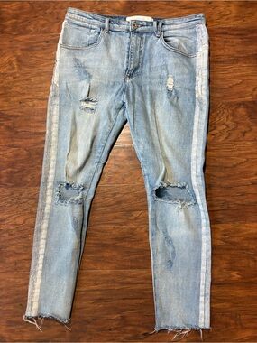 KOLLAR Light Blue Distressed Men's Jeans with Side Stripe